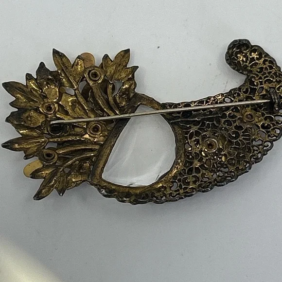 Antique Crystal Brass Faceted Glass Floral Huge Cornucopia Brooch Rare Statement